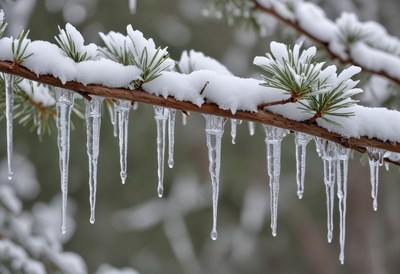 Snow-covered pine branch with icicles in winter