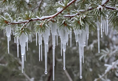 Beautiful icicles hanging from pine tree branches