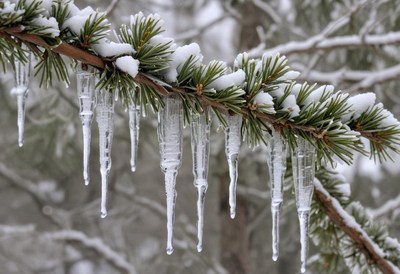 Icicles hanging from a snowy pine branch during winter