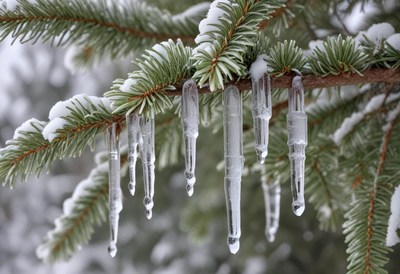 Ice formations hanging from snowy pine branches