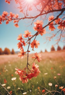 Cherry blossoms bloom under bright sunlight in spring