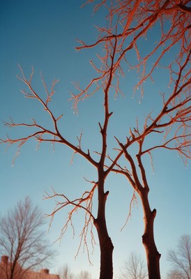 Bare branches stand out against a clear winter sky