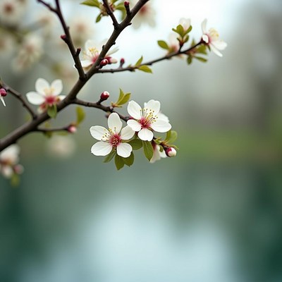 Blossoming cherry tree branch near tranquil water