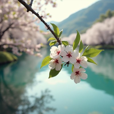 Cherry blossoms bloom by serene water in spring daylight