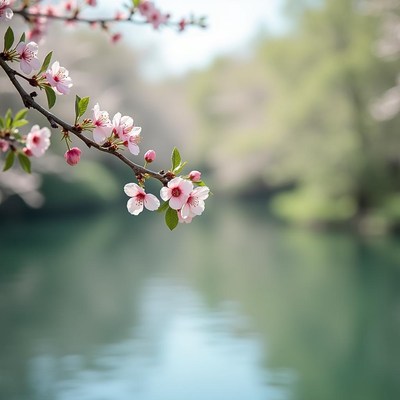 Pink blossoms by a tranquil river in spring