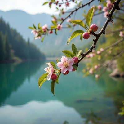 Cherry blossoms beside a serene mountain lake