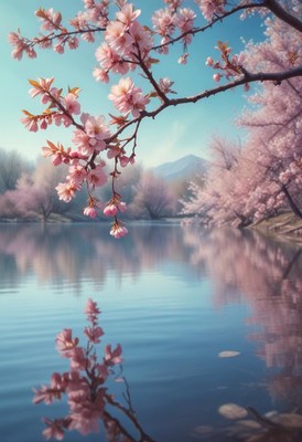 Blossoming cherry trees by tranquil lake in spring
