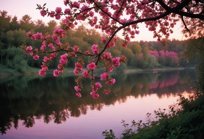 Spring blossoms reflect on tranquil river at sunset