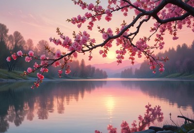 Blossoming cherry trees reflect on serene lake at sunset
