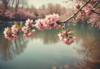 Cherry blossoms bloom by serene riverbank in spring