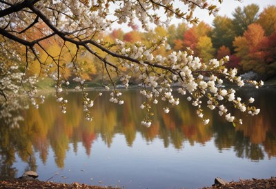 Cherry blossoms and fall foliage reflecting on water