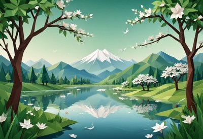 Mountain landscape with lake and blooming flowers in spring