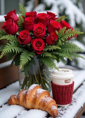 Winter cozy setup with roses, croissant, and coffee
