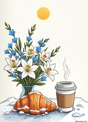 Morning warmth with flowers and pastry in winter
