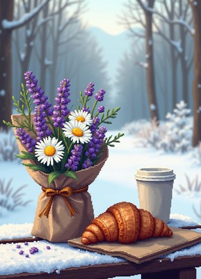 Warm winter morning with flowers, coffee, and pastry