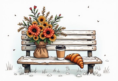 Warm morning on a rustic bench with flowers and breakfast