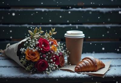 Enjoying coffee, croissant, and flowers in winter setting