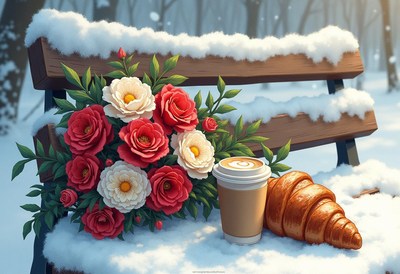 Cozy winter morning with flowers and pastries on a bench