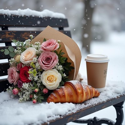 Enjoying winter treats with flowers on a snowy day