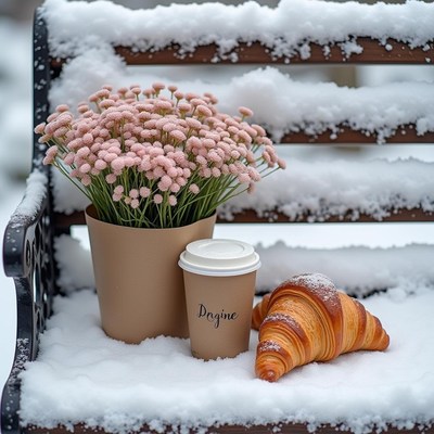 Cozy winter setting with flowers, coffee, and a croissant