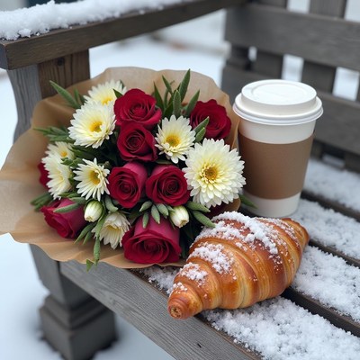 Fresh flowers, warm coffee, and croissant on a bench