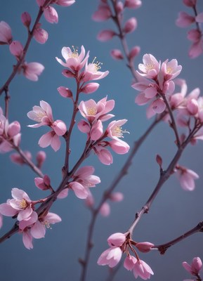 Beautiful pink blossoms on branches with blue backdrop