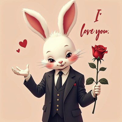 Cute rabbit character expresses love with a rose