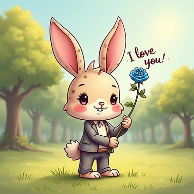 Cute bunny in a suit holding a blue rose in nature
