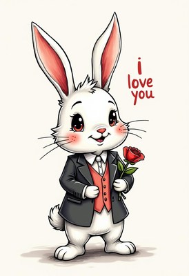 Cute rabbit in a suit holding a rose on valentine's day