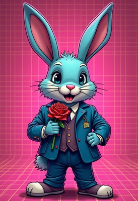 Cheerful cartoon rabbit in a blue suit holding a rose