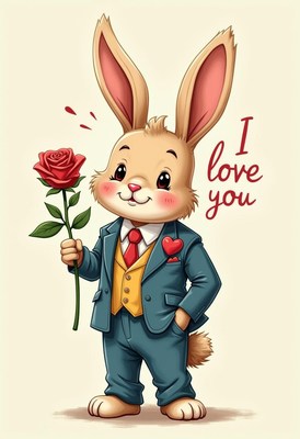 Cute bunny character in a suit holding a rose