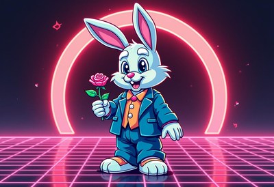 Cartoon rabbit character holding a rose in neon setting