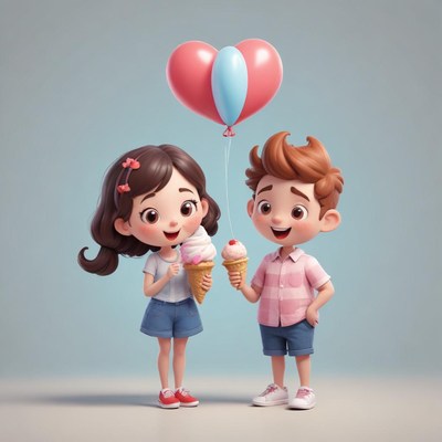 Children enjoy ice cream with colorful balloons together