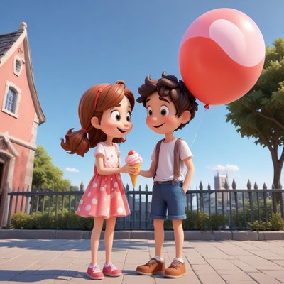 Kids enjoy ice cream and a balloon on a sunny day