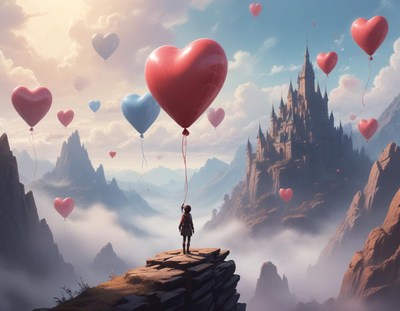 Child with heart balloons overlooking fantasy castle