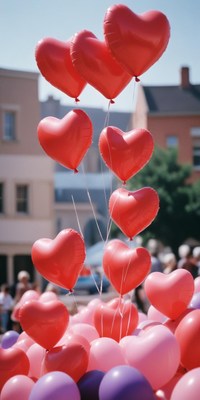 Red heart balloons floating at a cheerful gathering