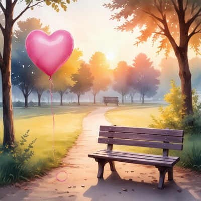 Heart balloon floating in a tranquil park at sunset