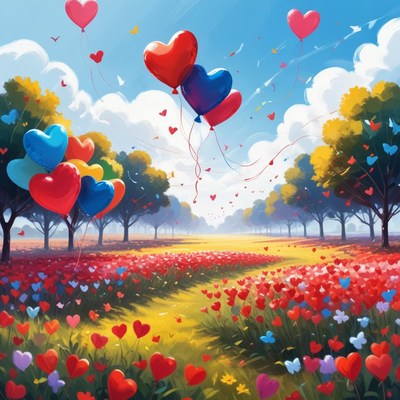 Colorful heart-shaped balloons float over a flower field