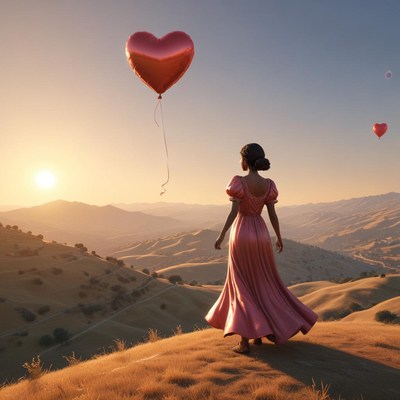 Woman in pink dress holds heart-shaped balloon at sunset