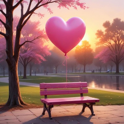 Heart-shaped balloon floating above a pink bench in the park