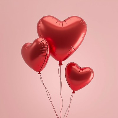 Heart-shaped balloons float against a soft pink backdrop