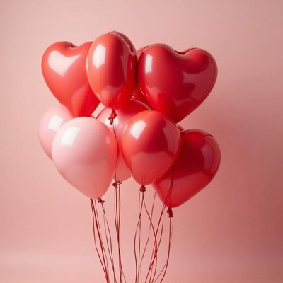 Colorful heart-shaped balloons in soft pink setting