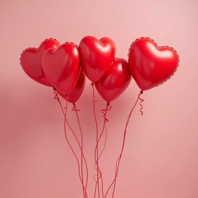 Heart-shaped balloons floating against a pink background