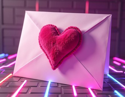 Envelope with heart-shaped decoration on a neon backdrop