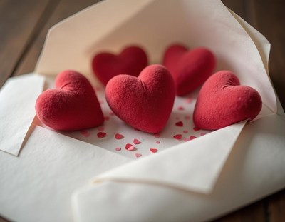 Red hearts arranged in an envelope with paper confetti