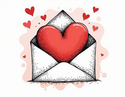 Heart graphic in an envelope surrounded by hearts