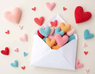 Hearts spilling from an envelope on a light backdrop