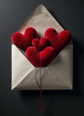 Red hearts nestled in an open envelope on a dark background