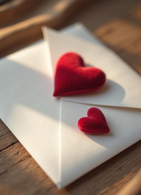 Handmade hearts on an envelope lit by sunlight