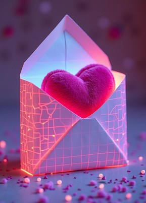 Heart-shaped cushion inside a decorative envelope